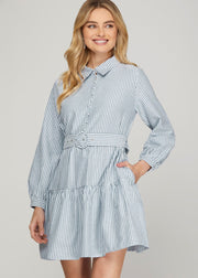 AFTERNOON DRINKS BLUE PINSTRIPE DRESS