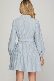 AFTERNOON DRINKS BLUE PINSTRIPE DRESS