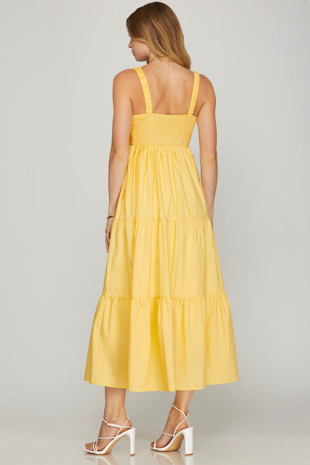 RAY OF CHARM YELLOW SLEEVELESS TIERED MAXI DRESS