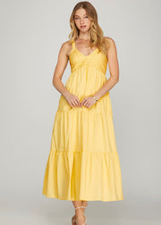 RAY OF CHARM YELLOW SLEEVELESS TIERED MAXI DRESS