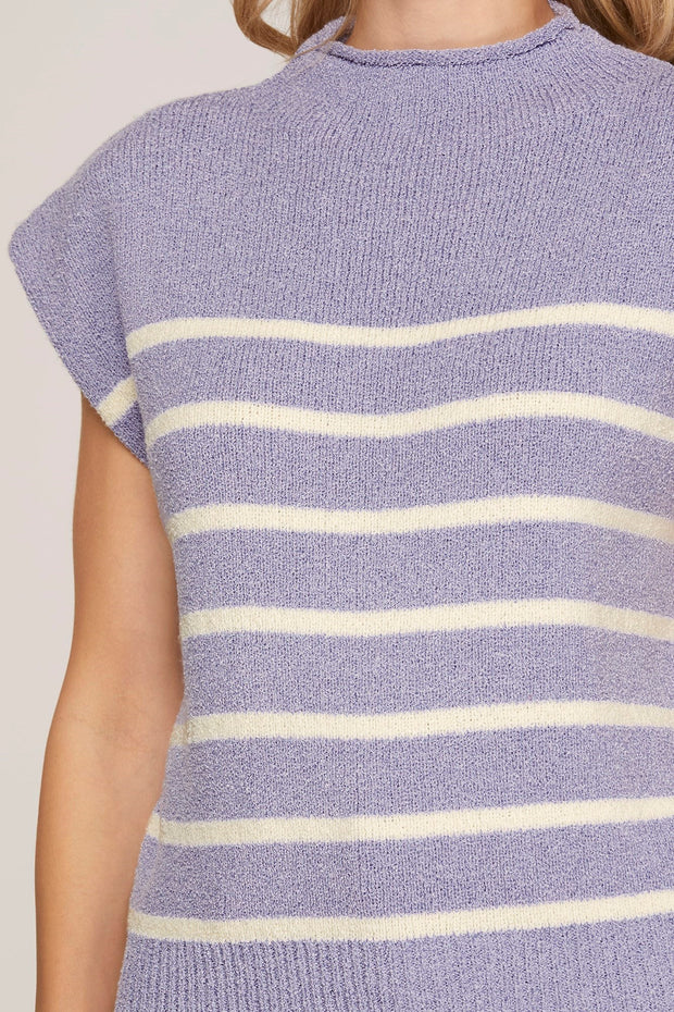 SWEET TREAT LILAC MOCK NECK STRIPED SWEATER