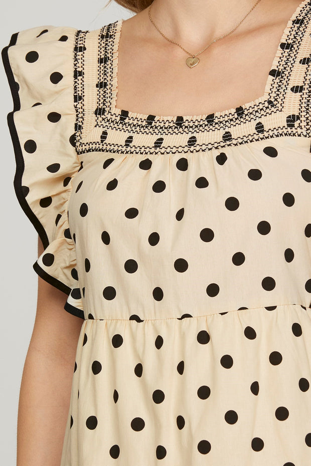 ON SPOT BLACK & CREAM DOT SMOCKED TIERED DRESS