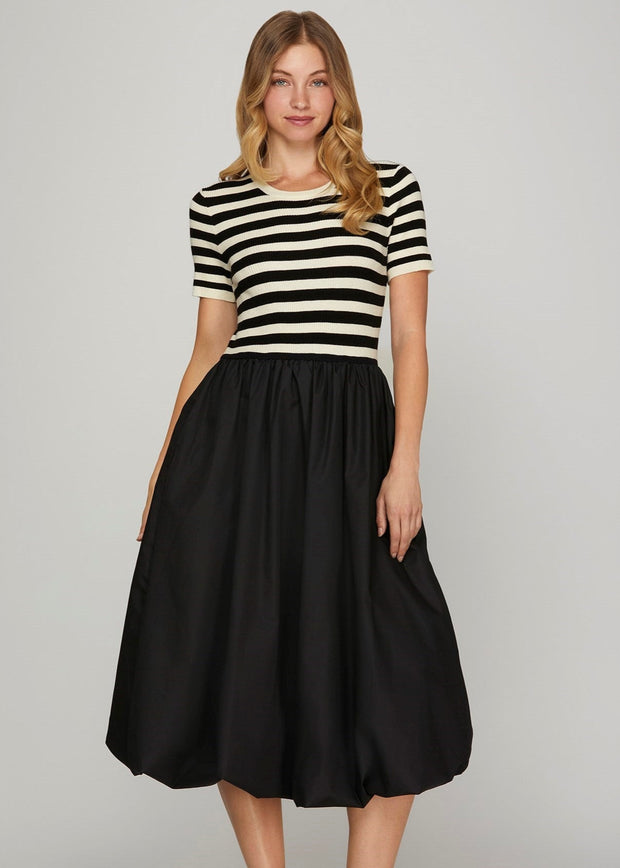 SOCIAL SEASON BLACK & CREAM STRIPED BUBBLE HEM DRESS