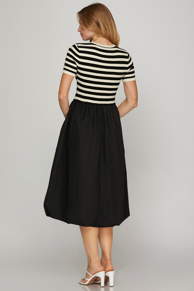 SOCIAL SEASON BLACK & CREAM STRIPED BUBBLE HEM DRESS