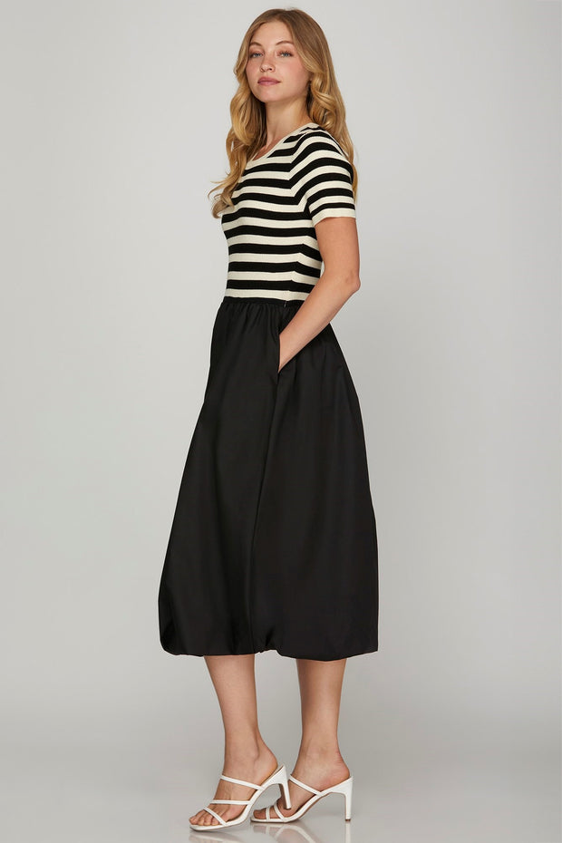 SOCIAL SEASON BLACK & CREAM STRIPED BUBBLE HEM DRESS