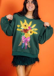 QUEEN OF SPARKLES:  FALL BOUQUET GREEN SWEATSHIRT