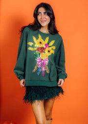 QUEEN OF SPARKLES:  FALL BOUQUET GREEN SWEATSHIRT