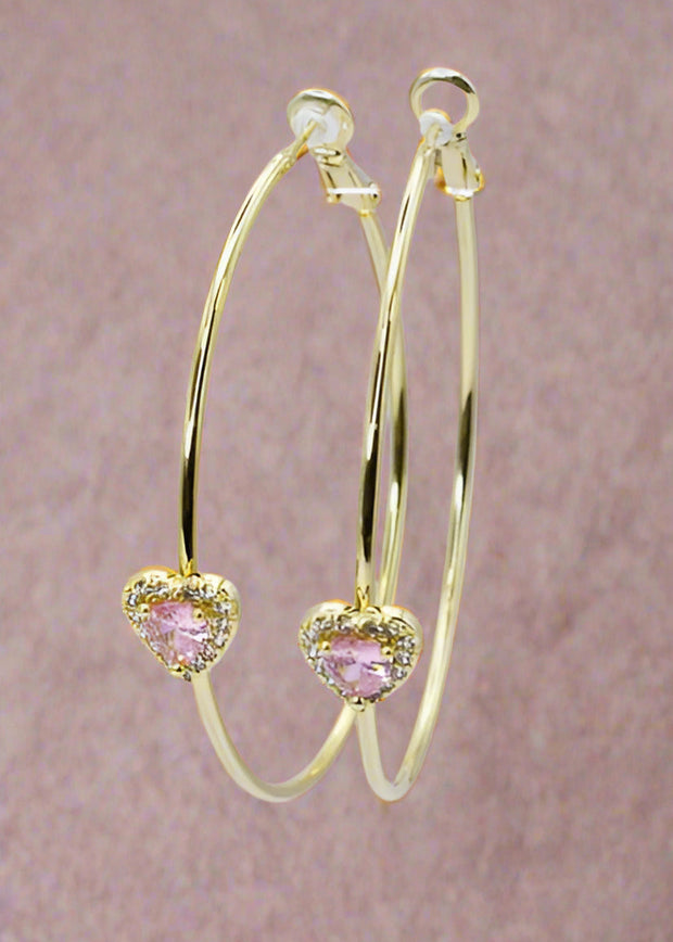 TREASURE JEWELS:  RADIANCE PINK HEART GOLD HOOP EARRINGS