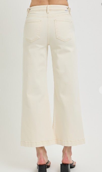 RISEN IVORY HIGH RISE CROP WIDE LEG JEANS