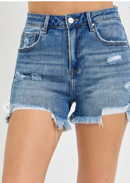 RISEN HIGH RISE DISTRESSED DENIM SHORTS