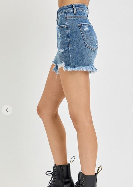 RISEN HIGH RISE DISTRESSED DENIM SHORTS