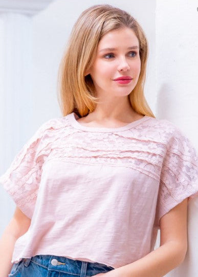 CASUAL CUES BLUSH LACE TRIM TEE