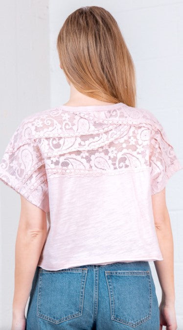 CASUAL CUES BLUSH LACE TRIM TEE