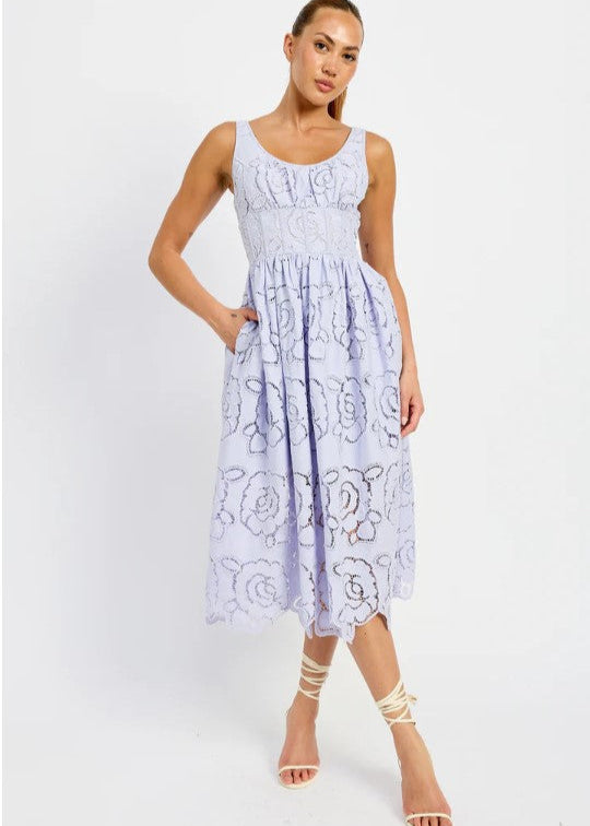 OH SO STUNNING LILAC LACE MIDI DRESS