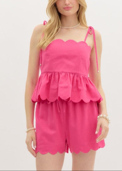 CASUAL OUTTING HOT PINK SCALLOPED SHORTS