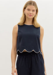 TRUE CHARM NAVY CROP WITH CONTRAST ACCENTED SCALLOP HEM