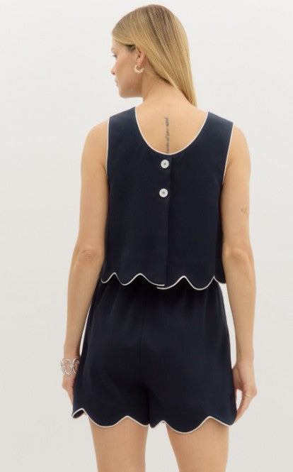 TRUE CHARM NAVY CROP WITH CONTRAST ACCENTED SCALLOP HEM
