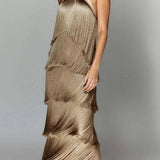 ABSOLUTELY BREATHTAKING FRINGE HALTER MAXI DRESS - BLACK, KHAKI OR RED