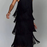 ABSOLUTELY BREATHTAKING FRINGE HALTER MAXI DRESS - BLACK, KHAKI OR RED