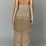 ABSOLUTELY BREATHTAKING FRINGE HALTER MAXI DRESS - BLACK, KHAKI OR RED