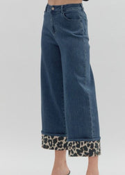 DREAMS IN THE WILD LEOPARD PRINT ACCENT CUFF BLACK DENIM