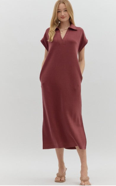 CASUAL HANGOUT KNIT SPLIT COLLAR DRESS - BLACK OR BURGUNDY