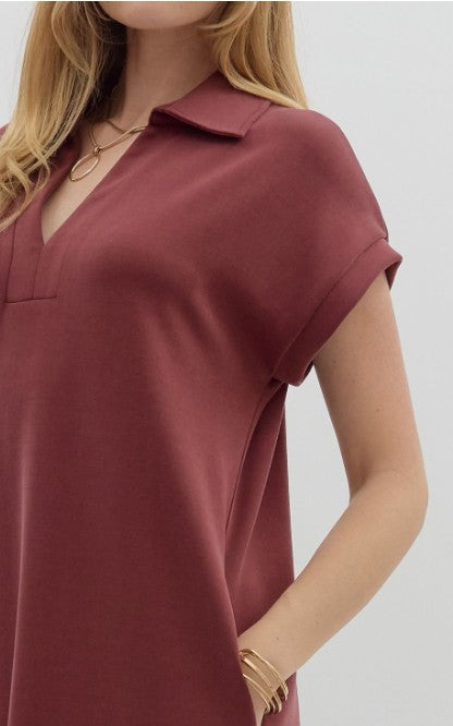 CASUAL HANGOUT KNIT SPLIT COLLAR DRESS - BLACK OR BURGUNDY