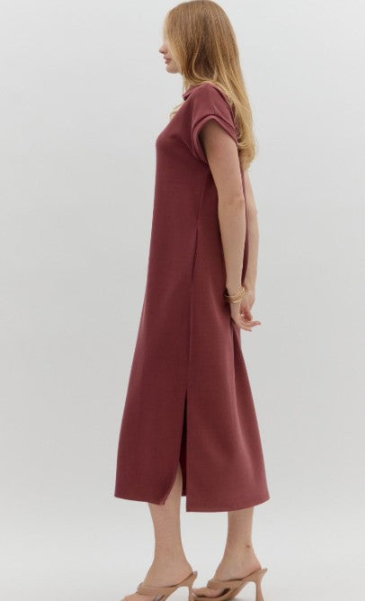 CASUAL HANGOUT KNIT SPLIT COLLAR DRESS - BLACK OR BURGUNDY