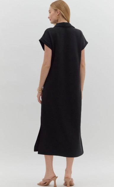 CASUAL HANGOUT KNIT SPLIT COLLAR DRESS - BLACK OR BURGUNDY