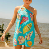 QUEEN OF SPARKLES AQUA MULTI SHELL ONE SHOULDER DRESS