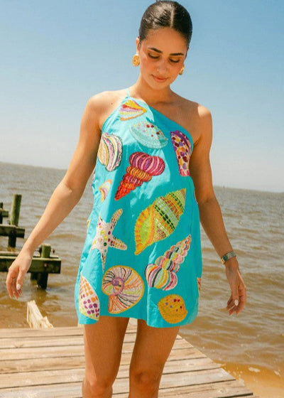 QUEEN OF SPARKLES AQUA MULTI SHELL ONE SHOULDER DRESS