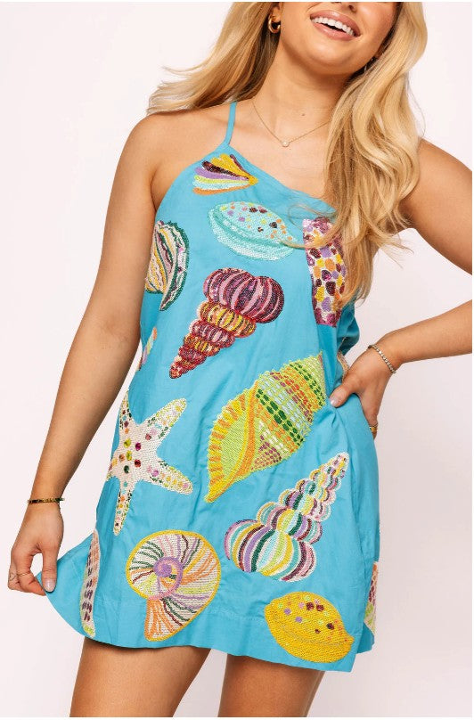 QUEEN OF SPARKLES AQUA MULTI SHELL ONE SHOULDER DRESS