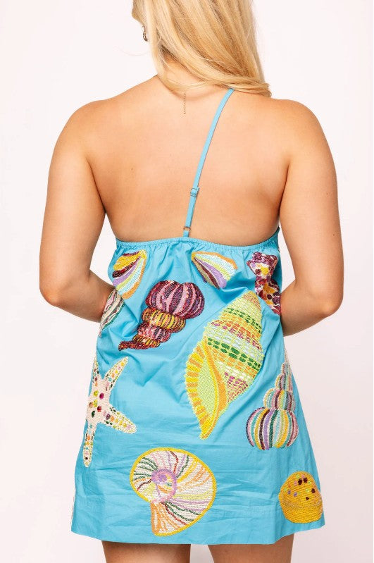QUEEN OF SPARKLES AQUA MULTI SHELL ONE SHOULDER DRESS