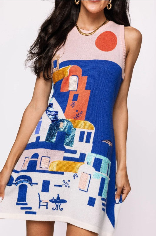 QUEEN OF SPARKLES COASTAL HOUSE SCENE KNIT TANK DRESS