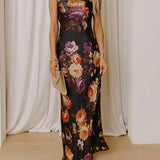 MIDNIGHT NOIR FLORAL STRAPLESS MAXI DRESS