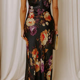 MIDNIGHT NOIR FLORAL STRAPLESS MAXI DRESS