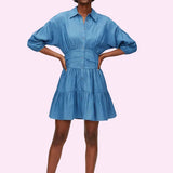 CHARMING GLANCE CHAMBRAY TIERED BUTTON UP SHIRT DRESS