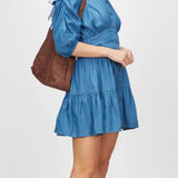 CHARMING GLANCE CHAMBRAY TIERED BUTTON UP SHIRT DRESS
