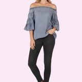 BOHO FEELS DENIM FLOUNCE SLEEVE TOP