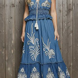 HEART ON THE LINE EMBELLISHED DENIM MAXI DRESS