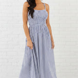 TRANQUIL HORIZON BLUE STRIPE MAXI DRESS
