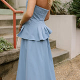 THE LENA PLEATED FLARE STRAPLESS MIDI DRESS