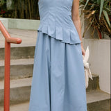 THE LENA PLEATED FLARE STRAPLESS MIDI DRESS