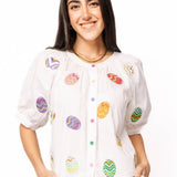 QUEEN OF SPARKLES:  EASTER EGG COTTON BUTTON UP