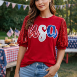USA FOREVER PUFF SLEEVE SEQUIN RED TOP