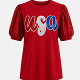 USA FOREVER PUFF SLEEVE SEQUIN RED TOP
