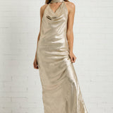 SIP & SPARKLES HALTER COWL NECK MAXI DRESS