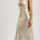 SIP & SPARKLES HALTER COWL NECK MAXI DRESS