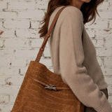 LEATHER & SUEDE CROC-EMBOSSED SHOULDER TOTE - BROWN OR CAMEL