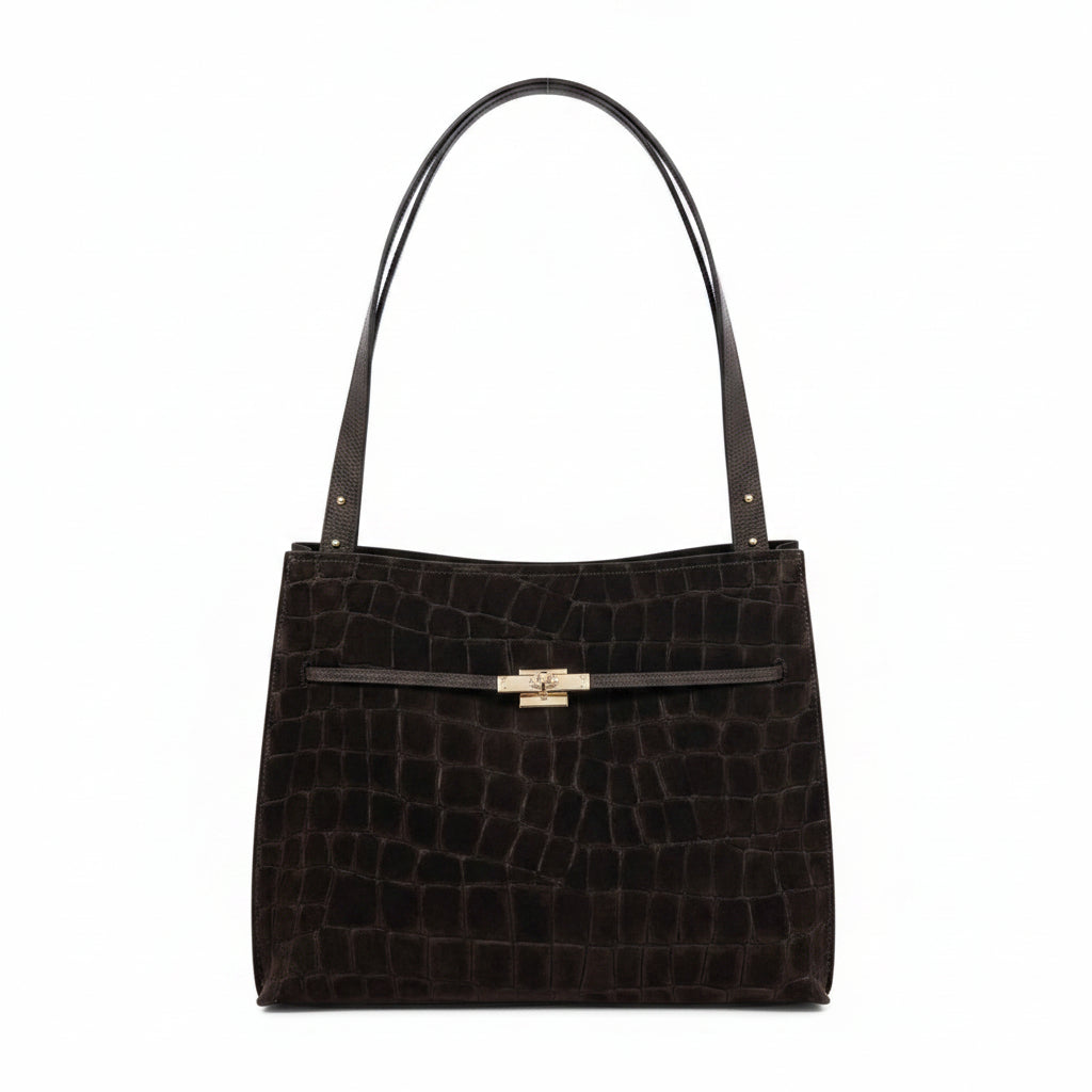 LEATHER & SUEDE CROC-EMBOSSED SHOULDER TOTE - BROWN OR CAMEL